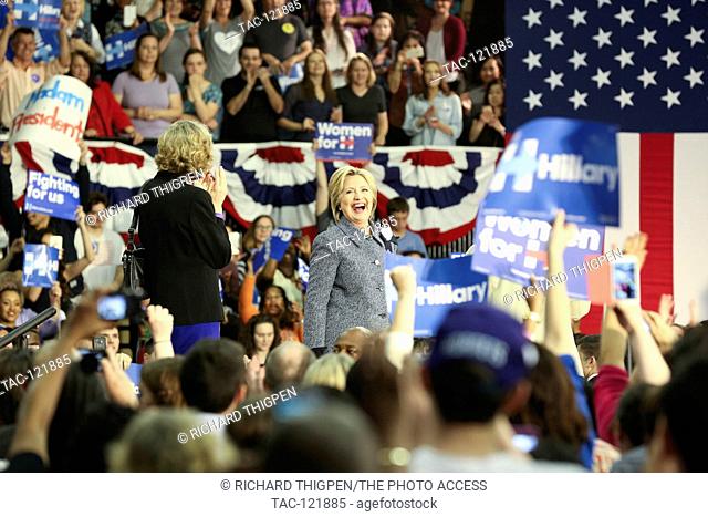 Charlotte Mayor, Jennifer Roberts (l) on stage with Hillary Clinton at a rally in Charlotte, NC on March 14th, 2016 at the Grady Cole Center to campaign one day...