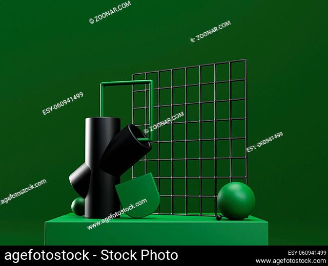 3d render stage with abstract geometric shapes in green and black colors. Modern unreal composition in futuristic style. High quality 3d illustration