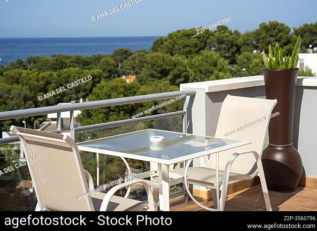 Denia Alicante Spain on June 25, 2020: Balcony of Mediterranean villa in luxury housing state