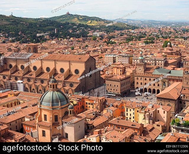 Aerial view of Piazza Maggiore square and San Petronio church in the city of Bologna, Italy