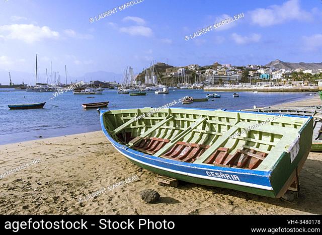 Fishing boat on the Beach at Praia de Bote and Porto Grande Bay, Mindelo, Sao Vicente, Cape Verde Islands, Africa