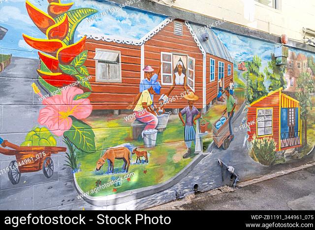 Colourfull wall murial in Flower Alley, Bridgetown, Barbados, West Indies, Caribbean, Central America