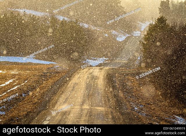 Light shines through snowy weather on a curved country road, backlit snow particles making image soft