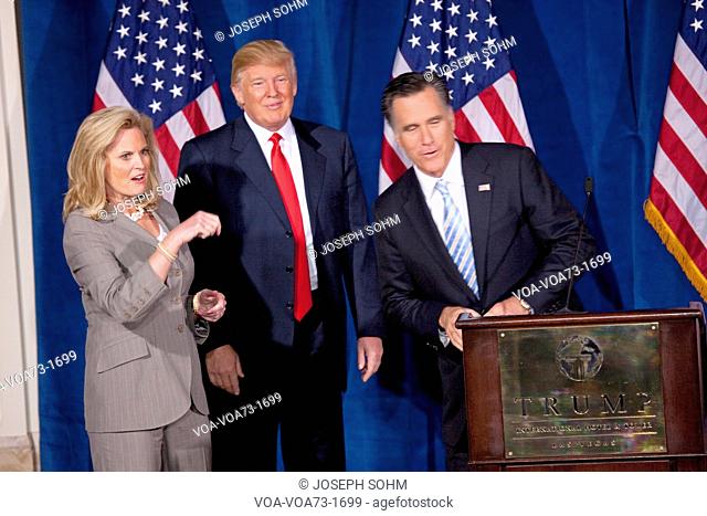 Republican presidential candidate Mitt Romney, right, with Donald Trump after Trump endorsed Romney’s presidential bid Feb
