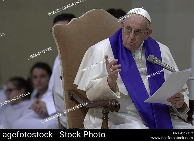 Rome, Italy, 17 March 2023. Pope Francis presides over the Lenten prayer ""24 hours for the Lord"" in the parish of Santa Maria delle Grazie al Trionfale
