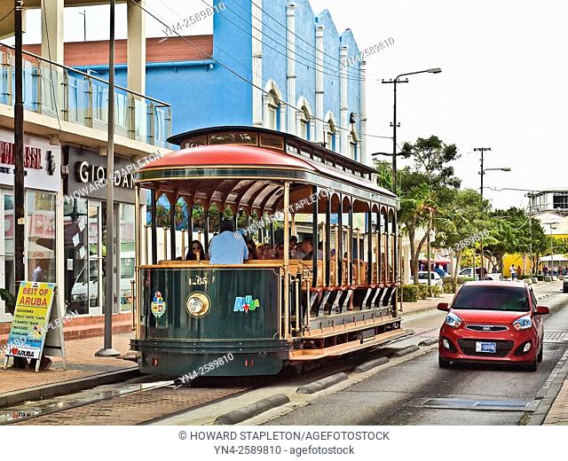 Aruba Trolley in Oranjestad. The free streetcar runs from the wharf area to the end of Main street and back