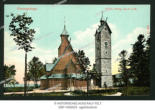 Europe, Poland, Lower Silesian Voivodeship, Karpacz, Vang stave church, postcard, 1900th, publishing house : Franz Pietschmann , Görlitz ( Goerlitz )