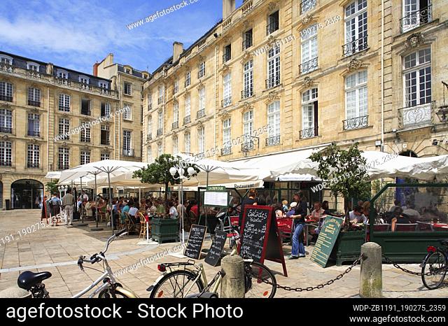 France, Bordeaux, Place du Parlement, bicycles & cafes
