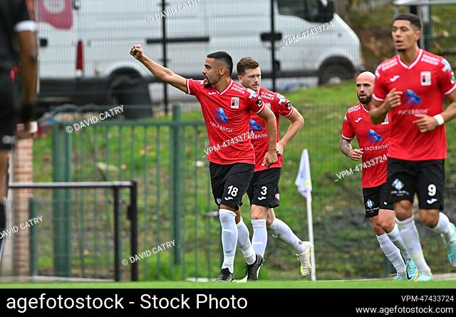 Rwdm's Barreto Bonato celebrates after scoring during a soccer match between RWDM Molenbeek and SK Beveren, Sunday 23 October 2022 in...