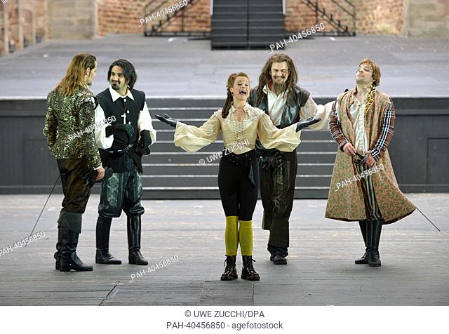 Athos (L-R, Julia Weigend), Aramis (Parbeth Chugh), Centime (Sophie Lechtenbrink), Porthos (Jhonny Mueller) and D`Artagnan (Jonas Minthe) act on stage during a...