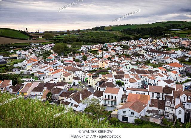 Portugal, Azores, Sao Miguel Island, Agua de Pau, elevated town view from Monte Santos
