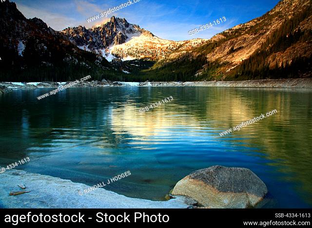 Reflection of mountain range in a lake, McClellan Peak, Snow Lake, Alpine Lakes Wilderness, Washington State, USA