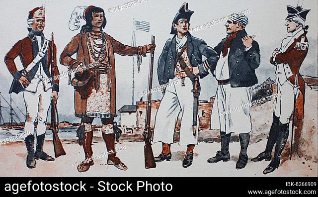 Mode, Kleidung in Nordamerika, Ende des 18. 19. Jahrhunderts, von links, ein Infanterist, der Häuptling des Indianerstammes der Seminolen