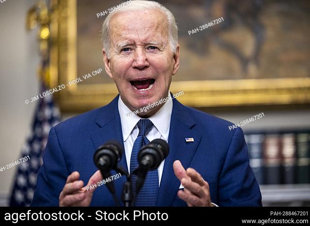 US President Joe Biden speaks to the nation about the mass shooting in Uvalde, Texas in the Roosevelt Room in Washington, DC, USA , 24 May 2022