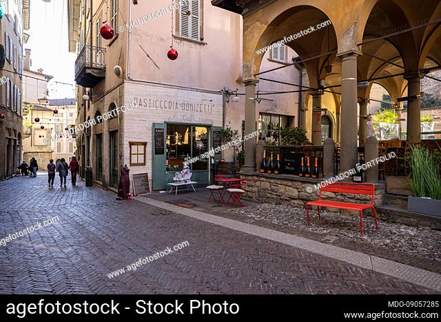 Historic Donizetti pastry shop along via Gombito, in the upper part of the city. Bergamo (Italy), December 3rd, 2021