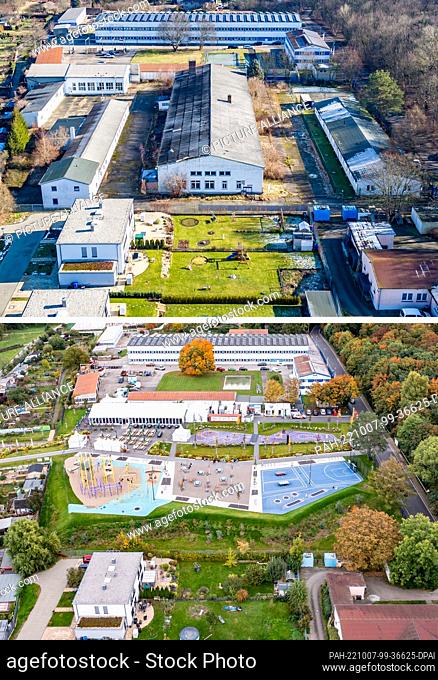 06 October 2022, Saxony, Torgau: The image combo shows the site of the State Garden Show four years ago (taken on 13.02.2018) and now