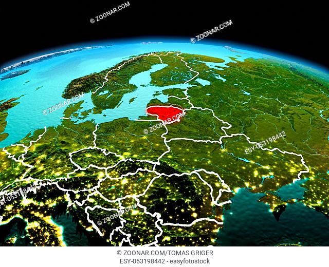 Morning above Lithuania highlighted in red on model of planet Earth in space with visible border lines and city lights. 3D illustration