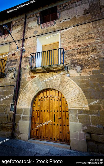 Ornate doorway in Adahuesca, Huesca, Aragon, Spain