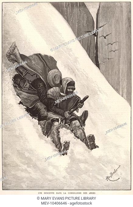 Two men sledge down the snowy mountainside; the backseat passenger buries his head beneath his hat, too scared to watch where they are going