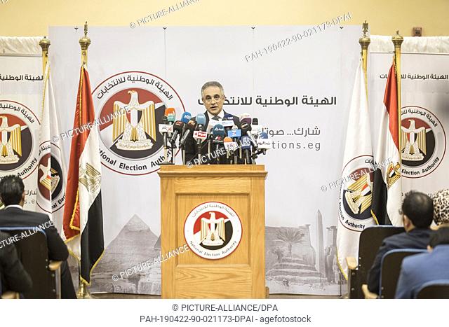 22 April 2019, Egypt, Cairo: Mahmoud Helmy el-Sherif, Deputy Chairman and spokesman of the Egyptian National Election Authority (NEA) speaks during a press...