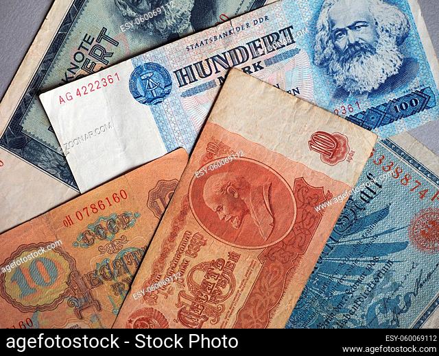 Vintage withdrawn banknotes of Soviet Union, German Democratic Republic and German Empire