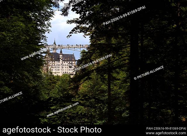 16 June 2023, Bavaria, Schwangau: Tourists stand on the Marienbrücke bridge in front of Neuschwanstein Castle. A man pushed two female tourists into a ravine...