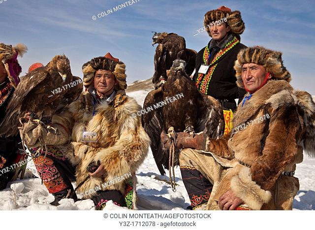 Kazak eagle hunters from far western province of Bayan Olgii compete in winter festival, Mongolia
