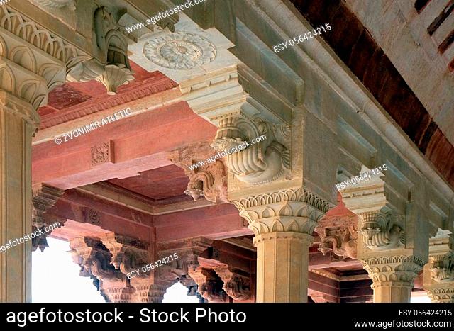 White marble hall of Sattais Katcheri at Amber Fort in Jaipur, Rajasthan, India