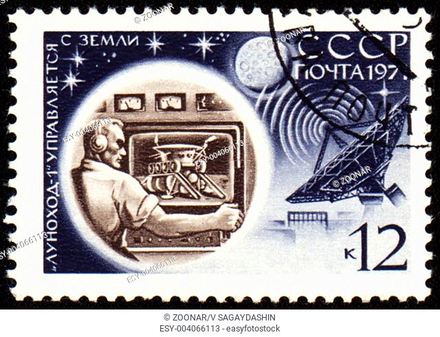 USSR - CIRCA 1971: stamp printed in USSR shows Control Center of soviet moon machine Lunokhod-1