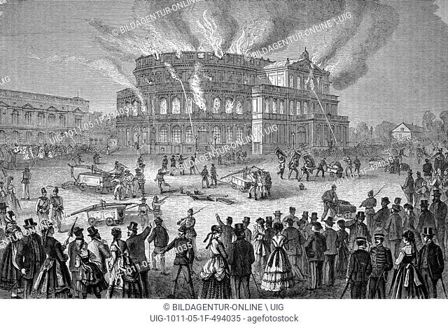 Hoftheater in dresden in flames, saxony, germany, historic wood engraving, ca. 1880