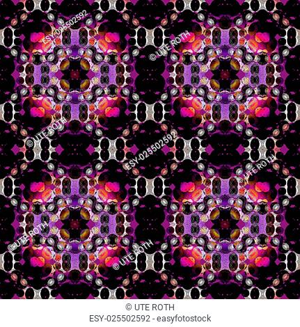 Abstract dark geometric grid background, seamless circles, ellipses and diamond pattern, purple shades and gray on black square