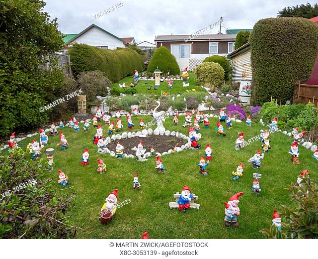 Kay's gnome garden in the Pioneers Row in the old town of Stanley, capital of the Falkland Islands. South America, Falkland Islands, November
