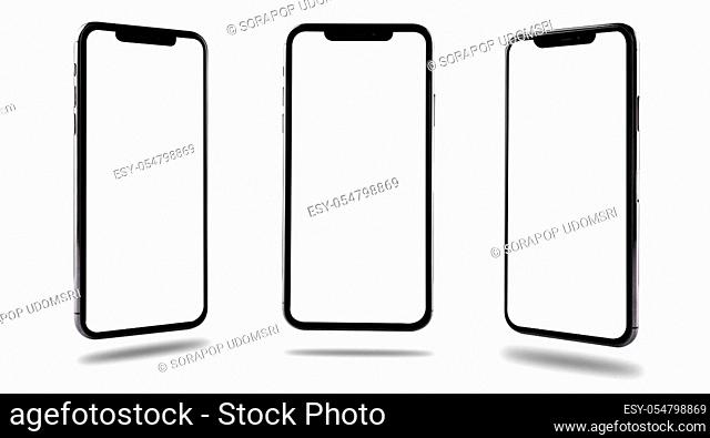Closeup modern digital black Smartphone mobile mockup blank screen three position front and side isolated on white background, no clipping path