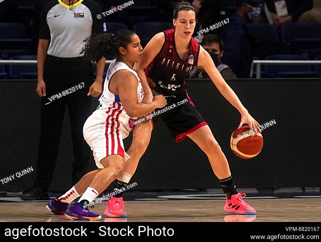 Belgium's Antonia Tonia Delaere fights for the ball during a basketball game between the Belgian Cats and Puerto Ric, a qualifier for the World Cup later this...