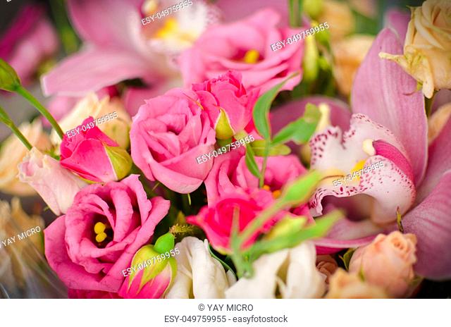 Bouquet with orchids and roses on a beautiful background closeup