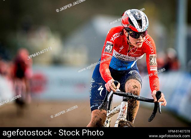 Luxembourgian Marie Schreiber pictured in action during the women's elite race at the Cyclocross World Cup cyclocross event in Flamanville, France