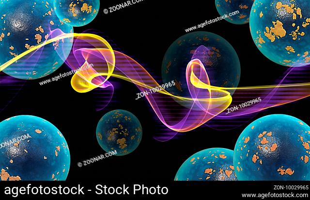 abstract colorful wavy smoke flame over black background full of planets