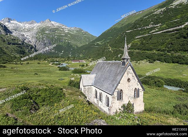 Landscape of the Rhone Valley in front of the Rhone Glacier and the Anglican Chapel in the hamlet of Gletsch, Oberwald, Valais, Switzerland, Europe