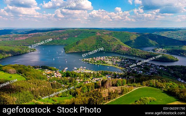 Aerial view of the Rursee in the Eifel region, Germany with Woffelsbach, a district of the city Simmerath