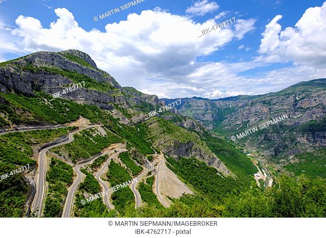 Serpentines of a mountain road, Cem Gorge, Kelmend Region, Albanian Alps, Prokletije, Qark Shkodra, Albania