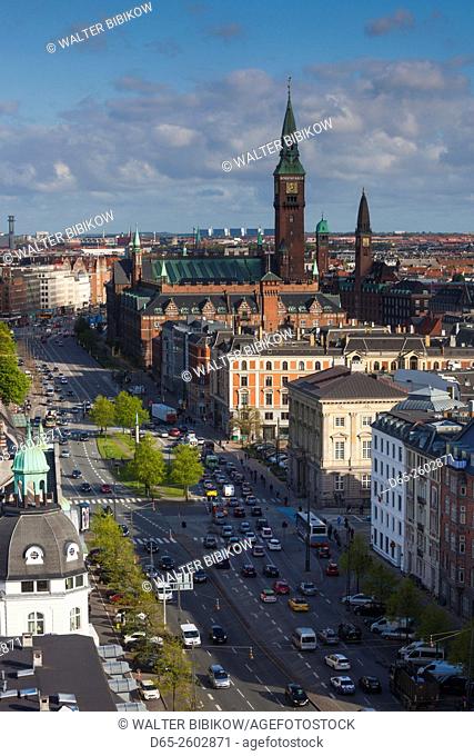 Denmark, Zealand, Copenhagen, elevated city view along H. C. Andersen Boulevard towards town hall, morning