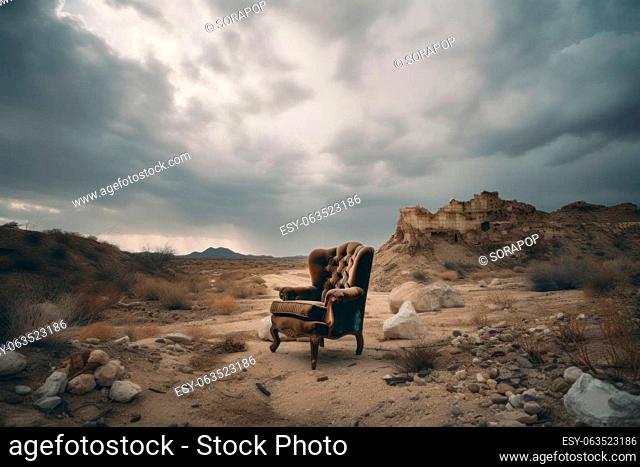 A solitary chair stands amidst the endless expanse of the desert landscape, evoking feelings of solitude and mystery. This stunning image is AI generative