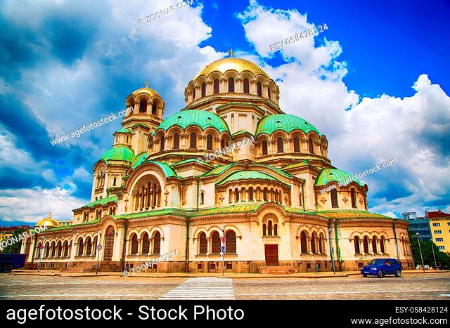 St. Alexander Nevsky Cathedral in the center of Sofia, capital of Bulgaria against the blue cloudy sky