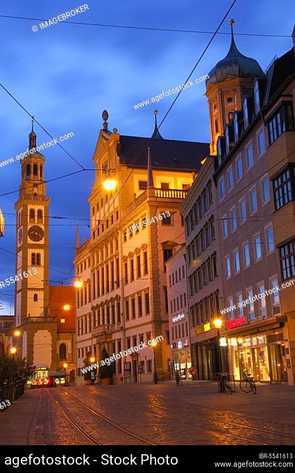 Augsburg, Maximilianstrasse, Perlachturm, City Hall, Romantic Road, Swabia, Bavaria, Germany, Europe