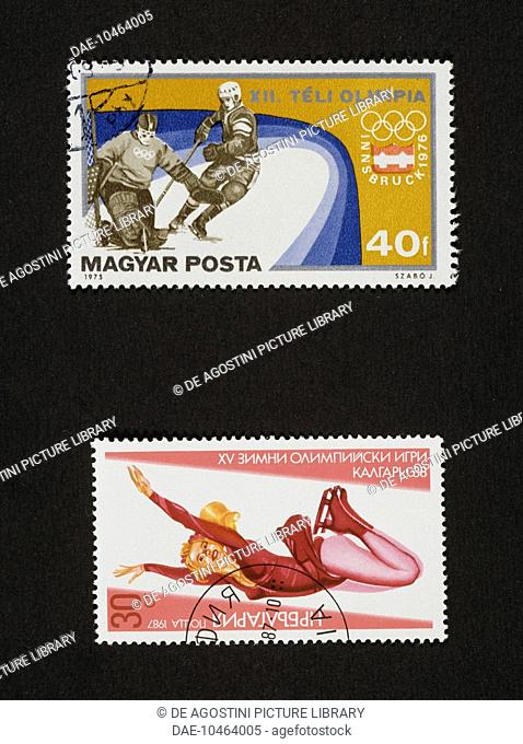 Postage stamps commemorating the Winter Olympic Games, above, Ice Hockey at Innsbruck games (Austria, 1976), 1975, Hungary, bottom, Figure skating, 1987