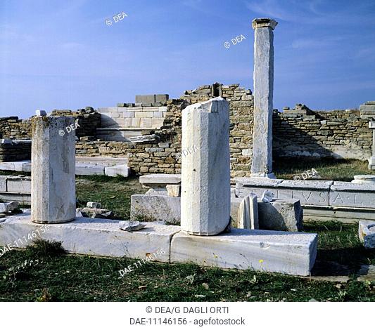 Agora' (forum) of the Italians with Ionic columns in Delos ( UNESCO World Heritage Site, 1990), Cyclades Islands, Greece
