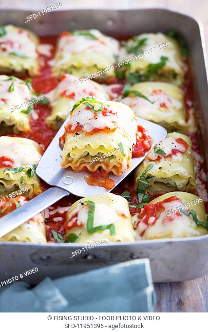 Vegetarian lasagne with ricotta, spinach and tomatoes