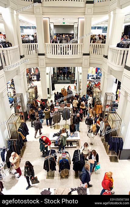 Madrid, Spain - Jan 24, 2016: Interior of Spanish Zara store on Gran Via shopping street, world's bigest fashion clothing and accessories retailer on Jan the...
