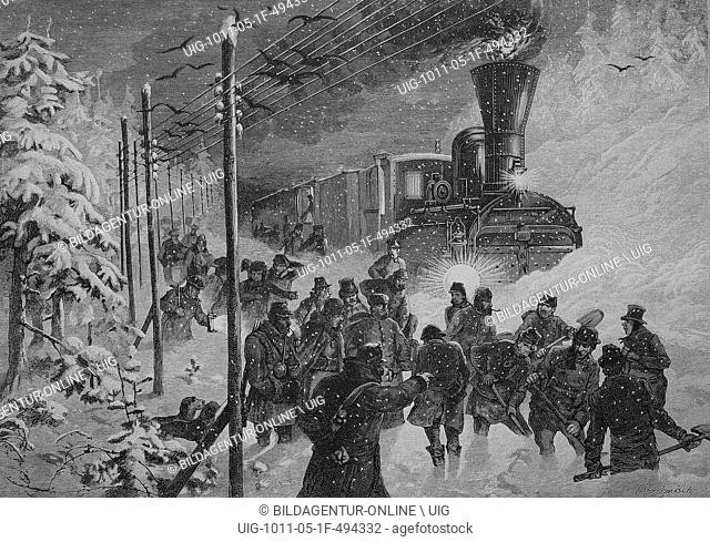 Train stuck in snow being shoveled free, historical engraving, 1883