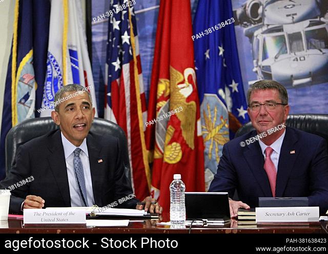 United States President Barack Obama chairs a meeting at the Pentagon of the National Security Council and receives an update from his national security team on...